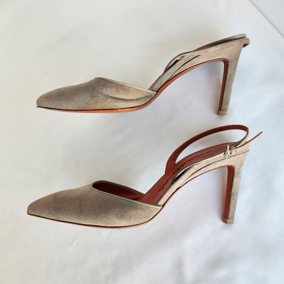 Santoni pumps women's slingback sz 8 Eu38 suede tan shoes stiletto point toe - Picture 2 of 16